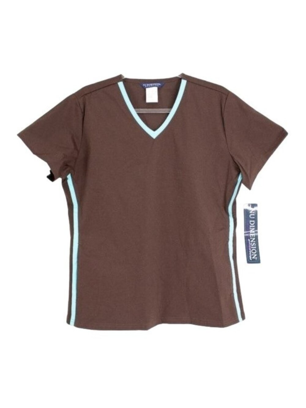 Nu Dimension Brown V-Neck Scrubs Top With Turquoise Trim